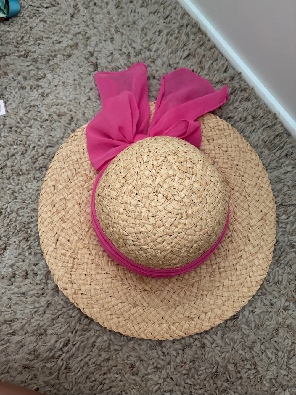 Capelli of New York Straw Sun Hat with Hot Pink Bow